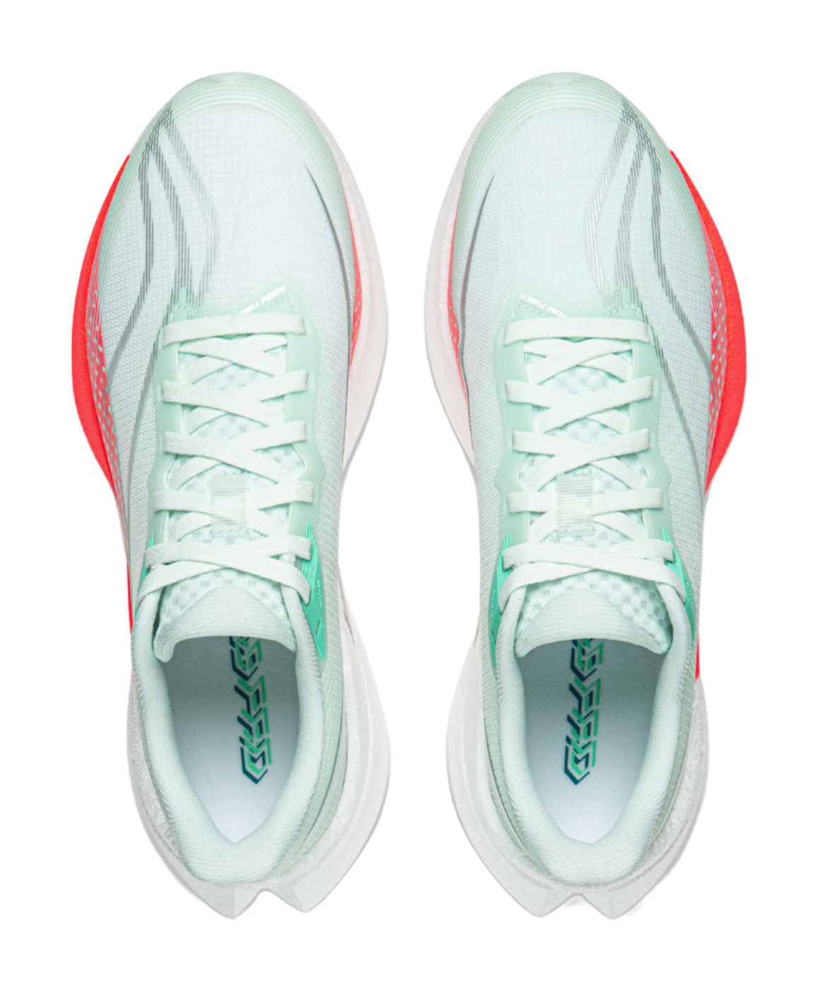 Pair of mint sneakers with white laces and green logo on tongue