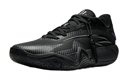 Black basketball shoe with textured mesh upper, lace-up closure, purple side accent