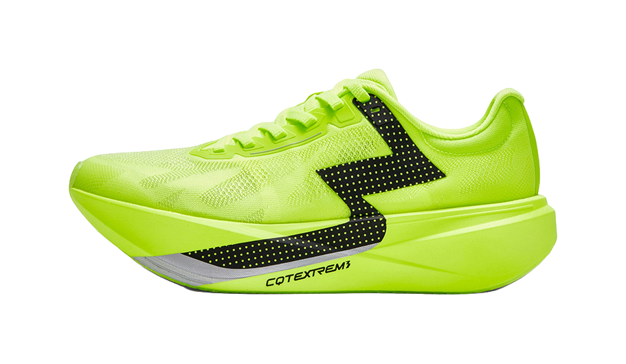 Neon yellow low-top running shoes with black side stripes and lace-up design