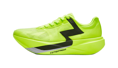 Neon yellow low-top running shoes with black side stripes and lace-up design