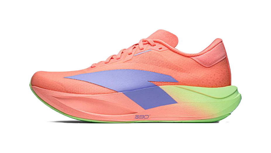 Unisex running shoe with orange mesh upper, blue side panel, green outsole