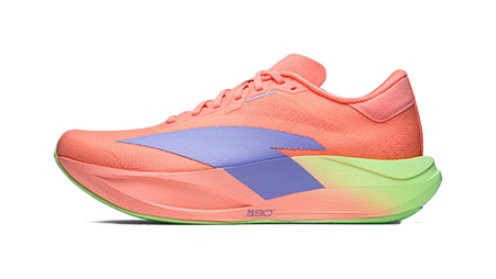 Unisex running shoe with orange mesh upper, blue side panel, green outsole