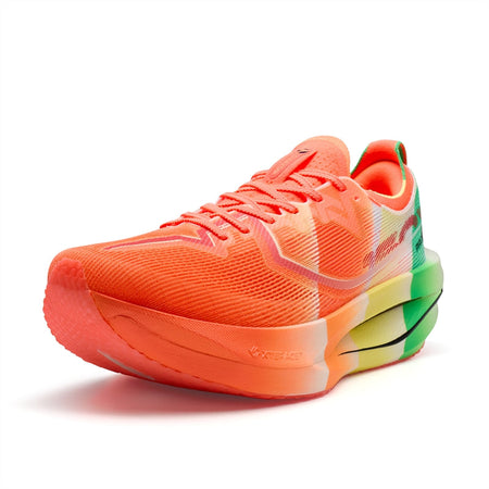 Marathon racing shoe in orange-red with green heel collar, molded runner sole and laces