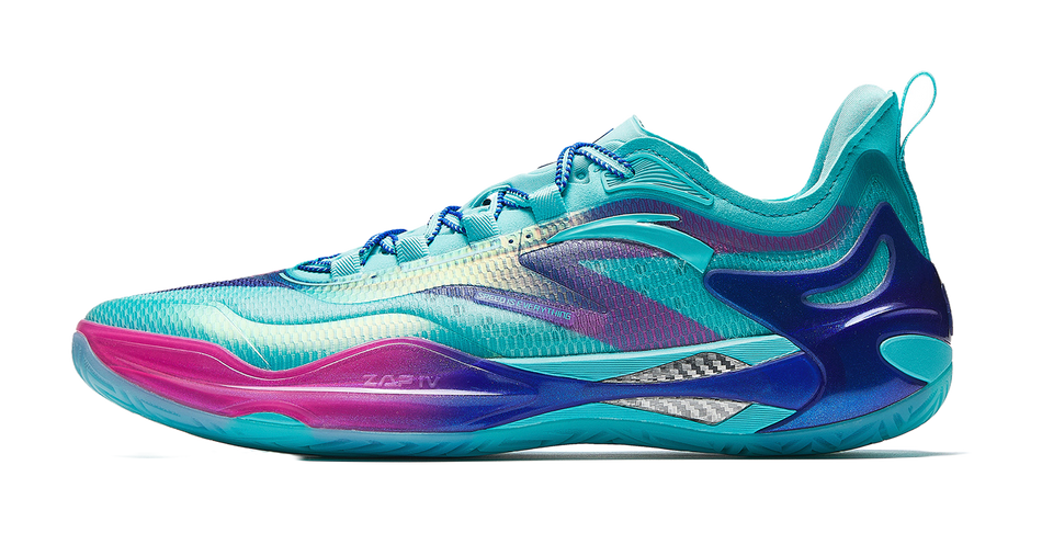 Unisex basketball shoe in teal, blue, and magenta with lace-up design and sporty sole