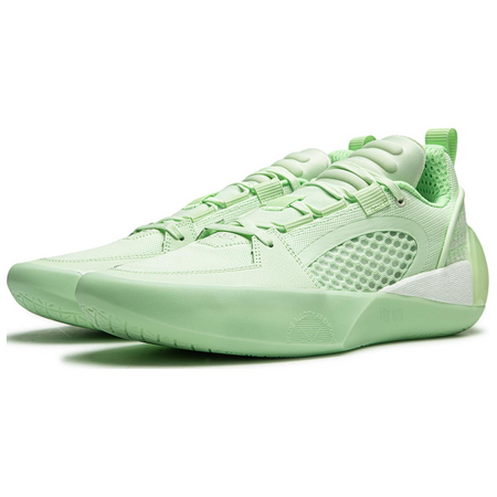 Agile green basketball shoe angled front view with mesh upper, lace-up design, cushioned sole.
