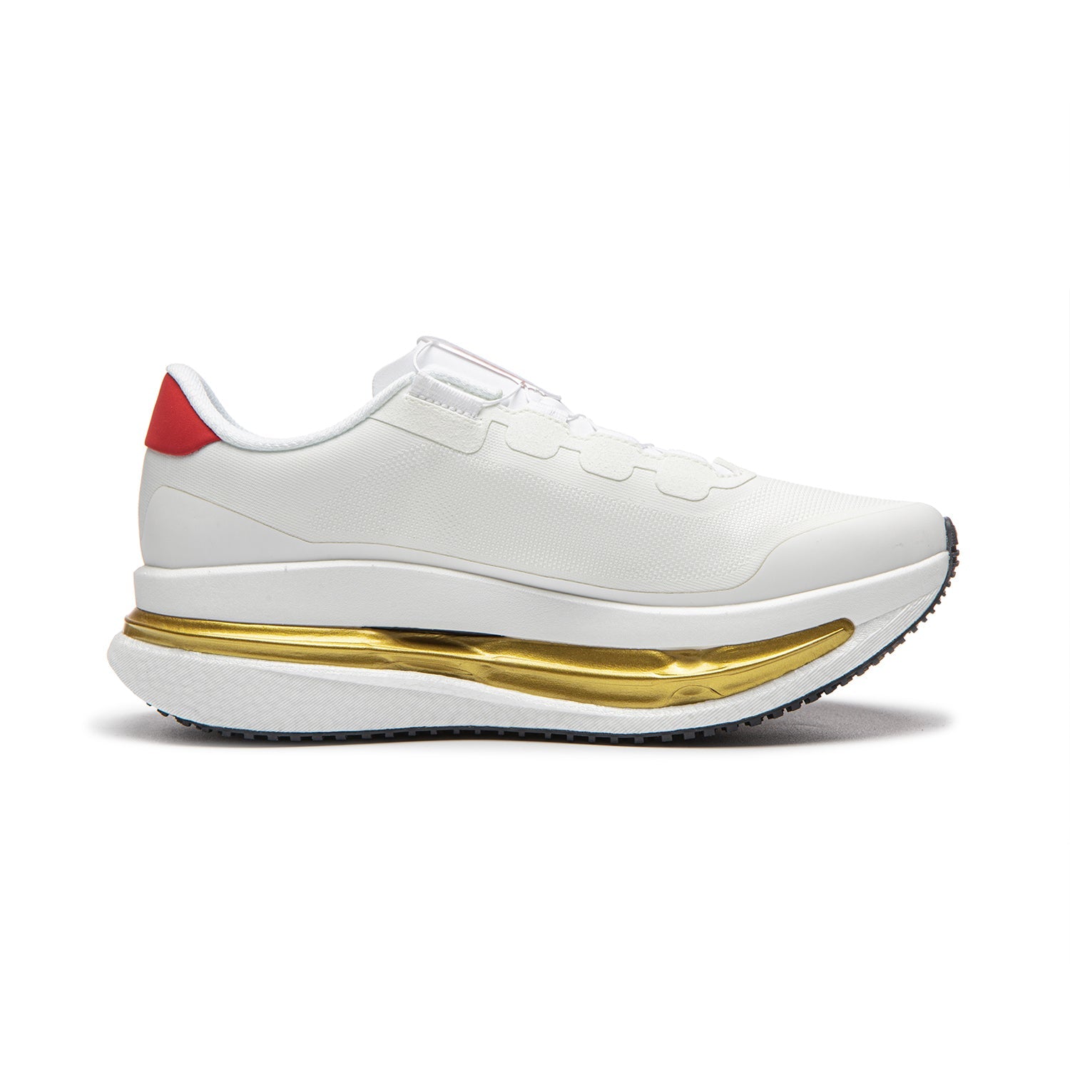 Men's white running shoes, gold midsole stripe, red heel panel, BOA dial