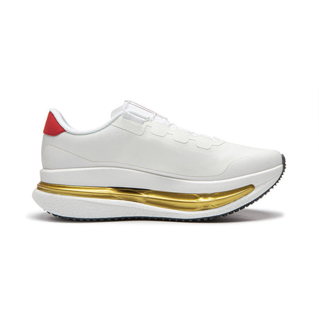 Men's white running shoes, gold midsole stripe, red heel panel, BOA dial