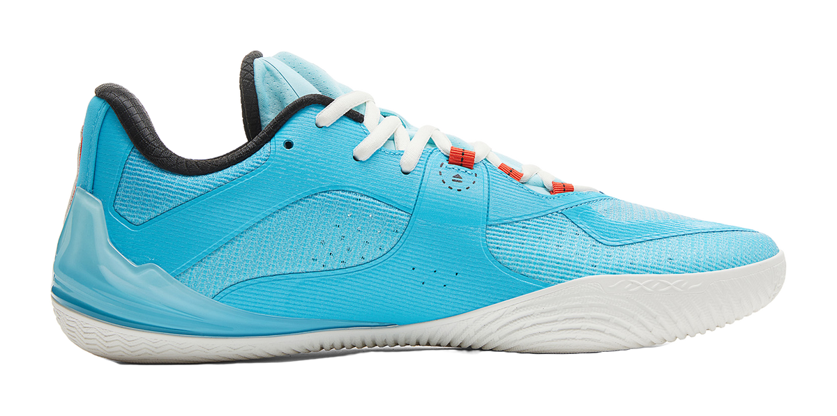 Light blue basketball sneaker with black heel, white laces, and textured side panel