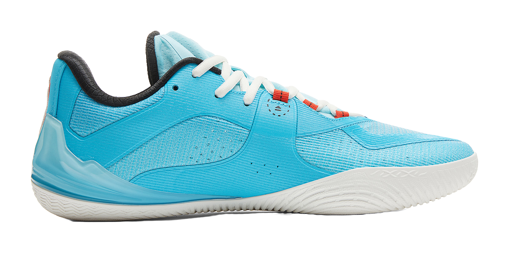 Light blue basketball sneaker with black heel, white laces, and textured side panel