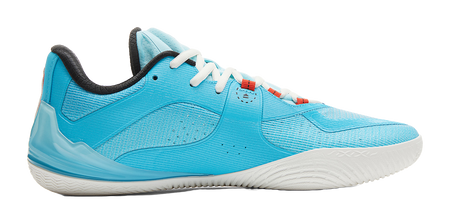 Light blue basketball sneaker with black heel, white laces, and textured side panel
