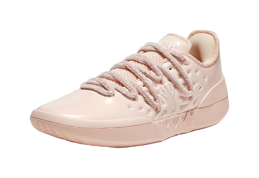 Soft pink low basketball shoe, lace-up with perforated details and stitched trim