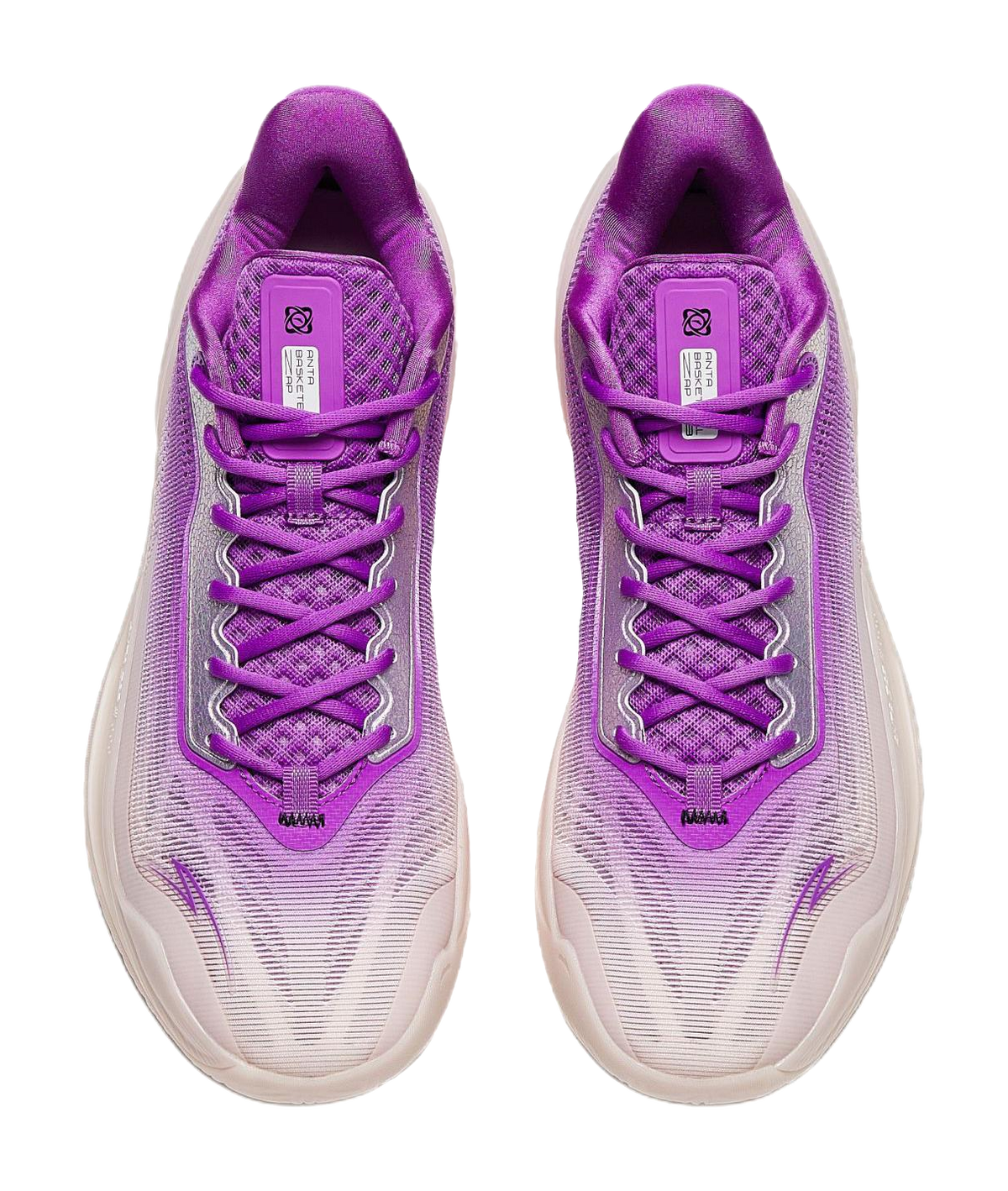 Purple lace-up basketball shoes, rear view, cushioned heel and mesh panels