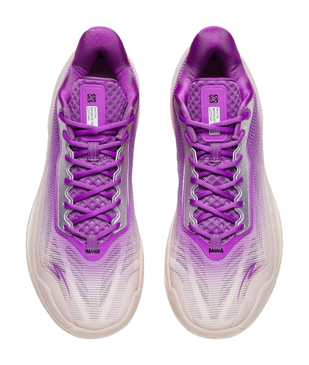 Purple lace-up basketball shoes, rear view, cushioned heel and mesh panels