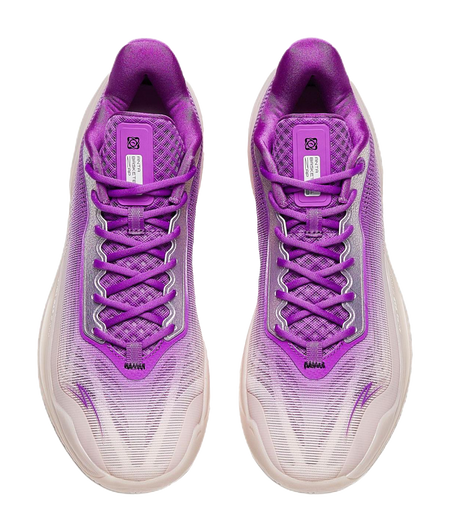 Purple lace-up basketball shoes, rear view, cushioned heel and mesh panels