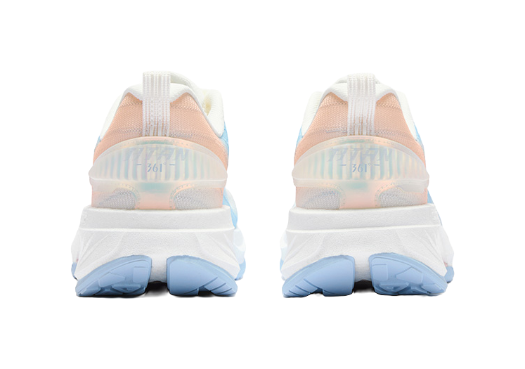 Women's running shoes heels, white uppers with light-blue panels and pink heel accents