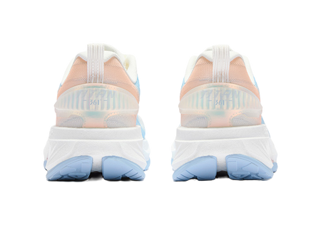 Women's running shoes heels, white uppers with light-blue panels and pink heel accents