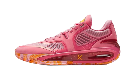 Pink low-top basketball shoe with mesh panels and orange outsole detail