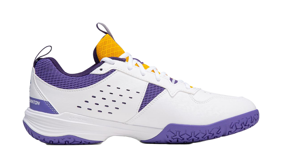 Unisex badminton shoe, angled side: white upper with purple trim and yellow accents