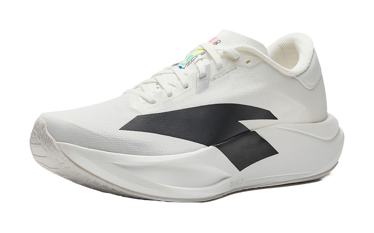 White running shoe with black side stripe logo and padded collar.