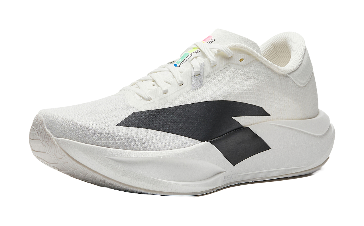 White running shoe with black side stripe logo and padded collar.