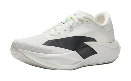 White running shoe with black side stripe logo and padded collar.