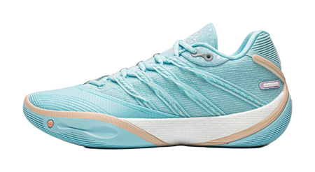 Light blue low basketball shoe with lace-up front and cushioned midsole