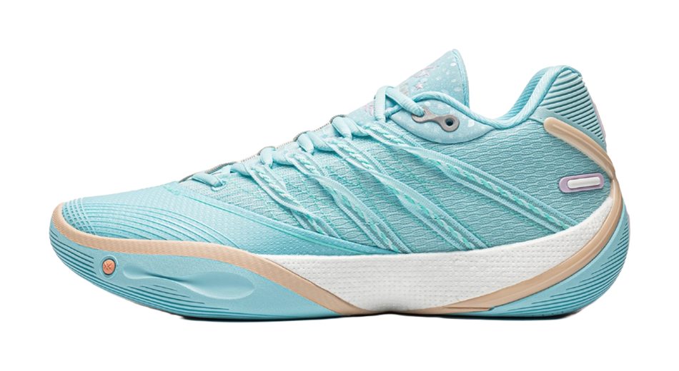 Light blue low basketball shoe with lace-up front and cushioned midsole