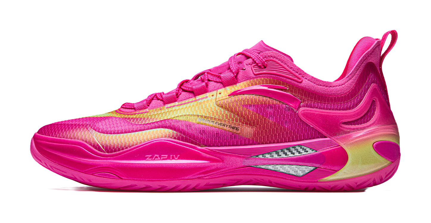 Pink basketball shoe with neon yellow accents and textured rubber sole