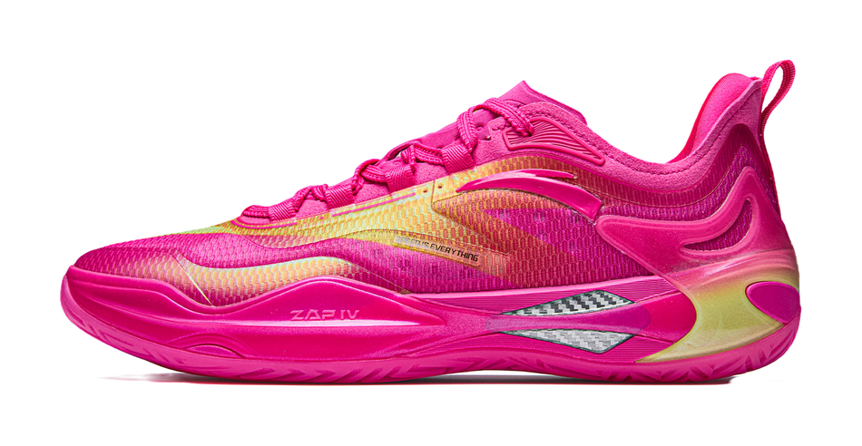 Pink basketball shoe with neon yellow accents and textured rubber sole