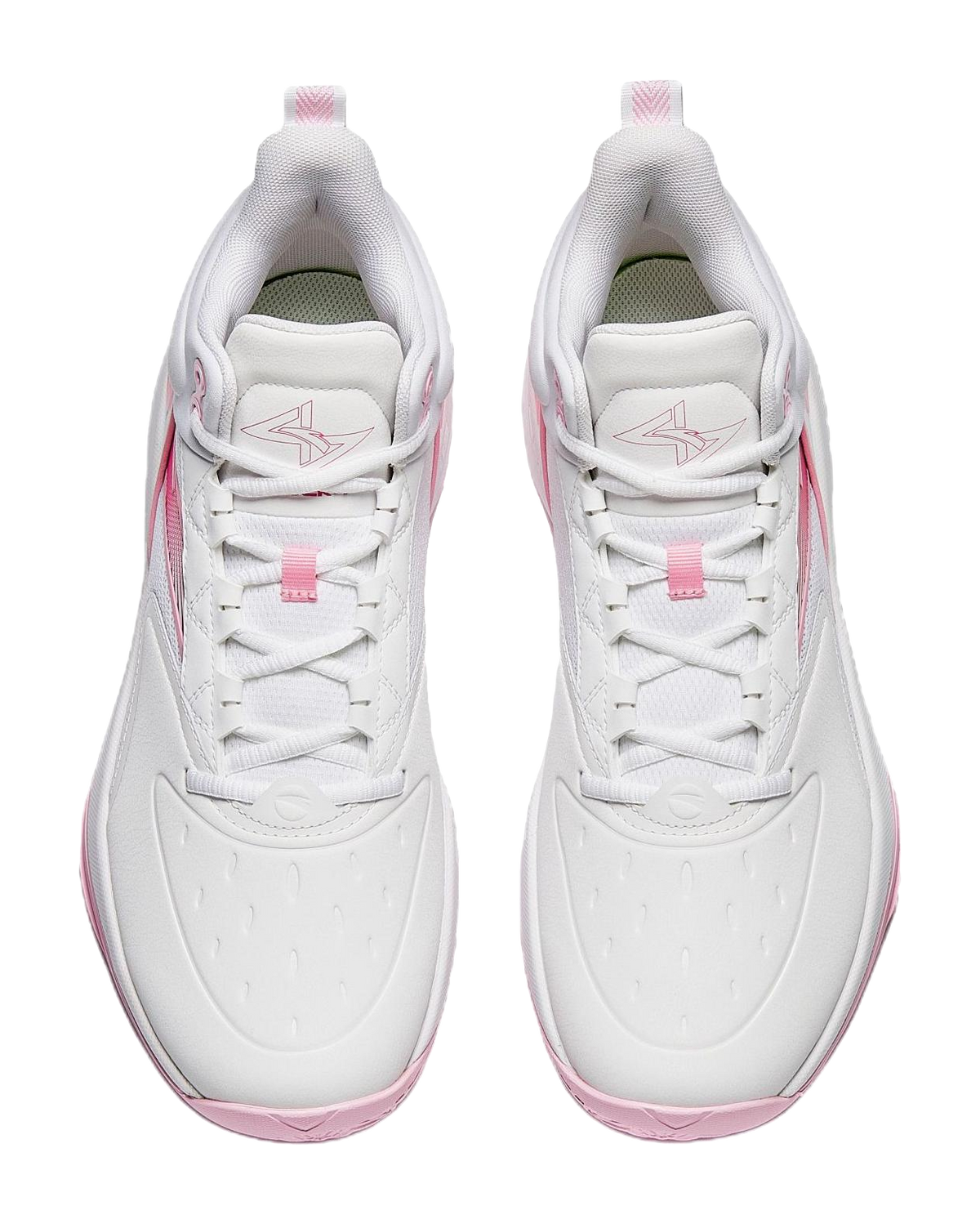 White and pink high-top basketball shoes, front view with lace-up eyelets