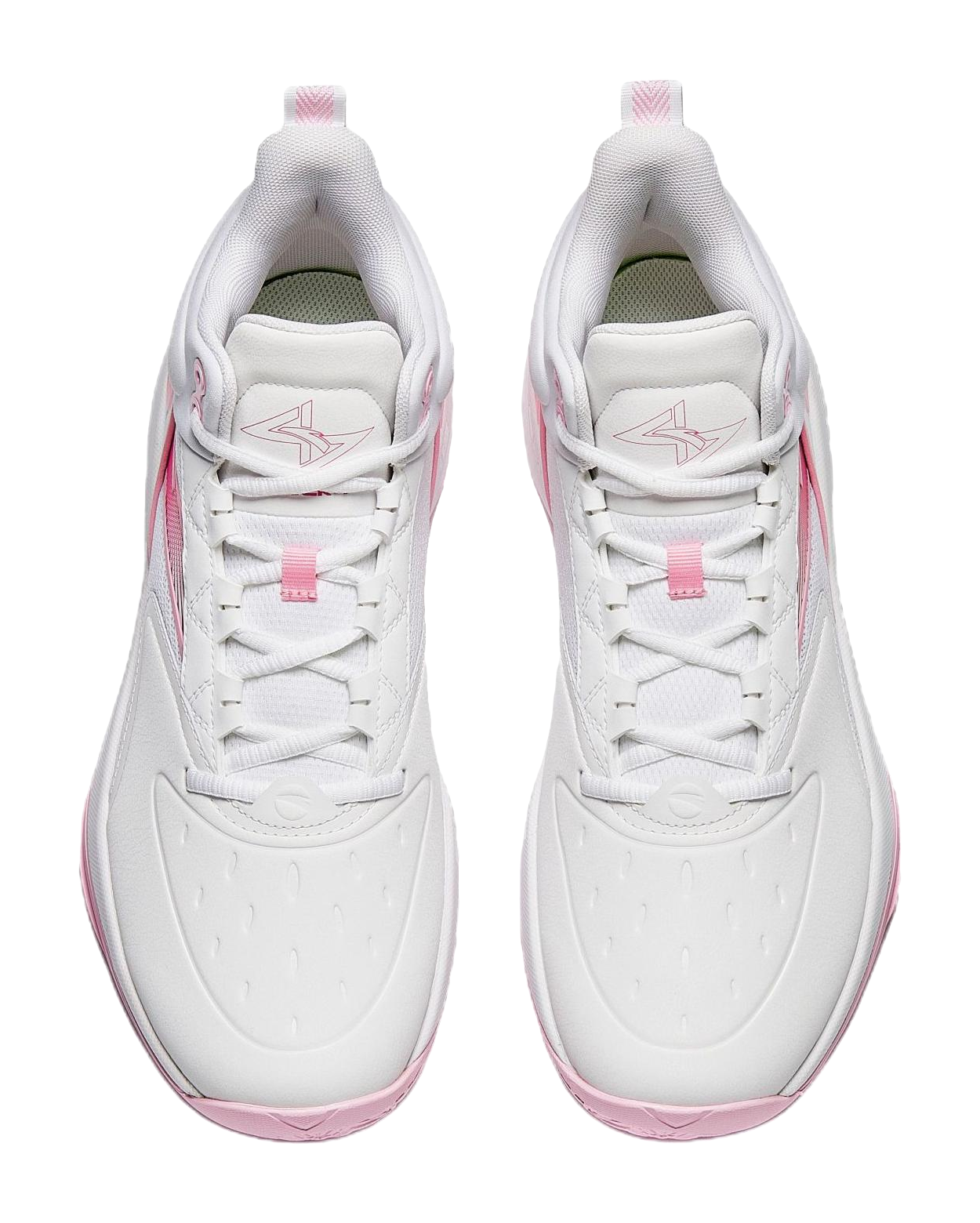 White and pink high-top basketball shoes, front view with lace-up eyelets