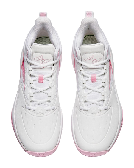 White and pink high-top basketball shoes, front view with lace-up eyelets