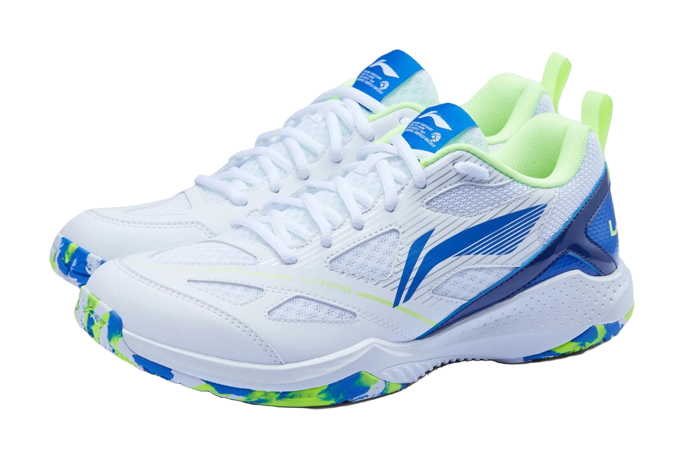 White lace-up badminton shoe with blue panels and neon green collar accents
