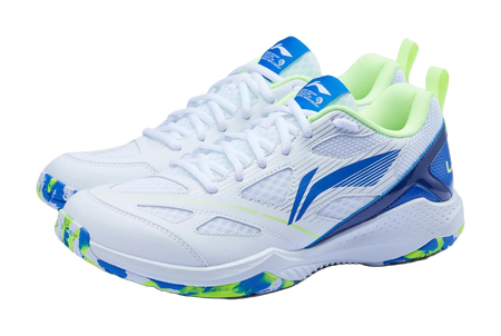 White lace-up badminton shoe with blue panels and neon green collar accents