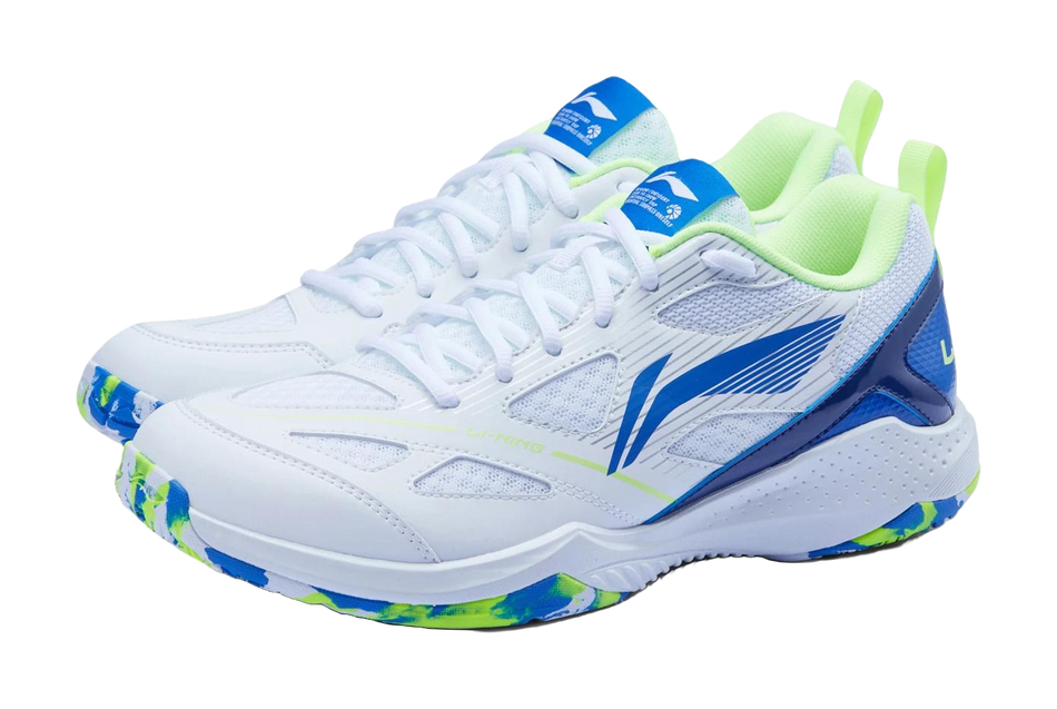 White lace-up badminton shoe with blue panels and neon green collar accents