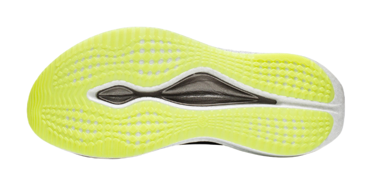 Men's running shoe outsole, neon-lime traction with black forefoot detail