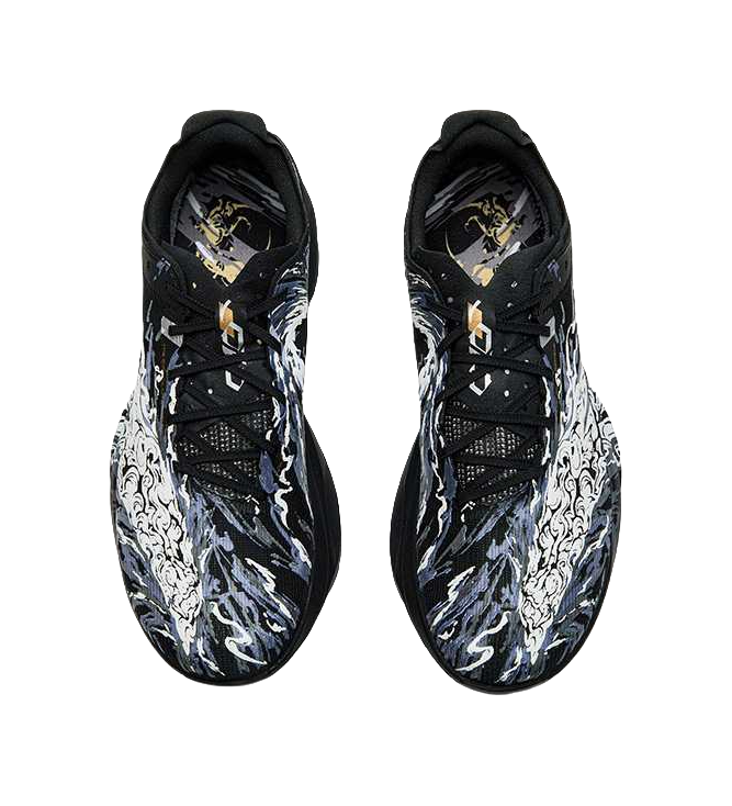 Anta low running shoe pair, black with white graphic, gold logo accents, lace-up