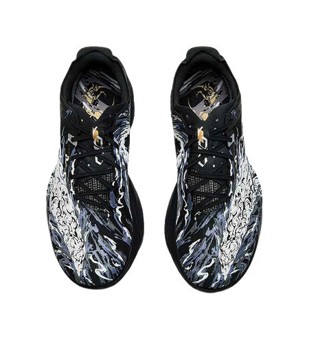Anta low running shoe pair, black with white graphic, gold logo accents, lace-up