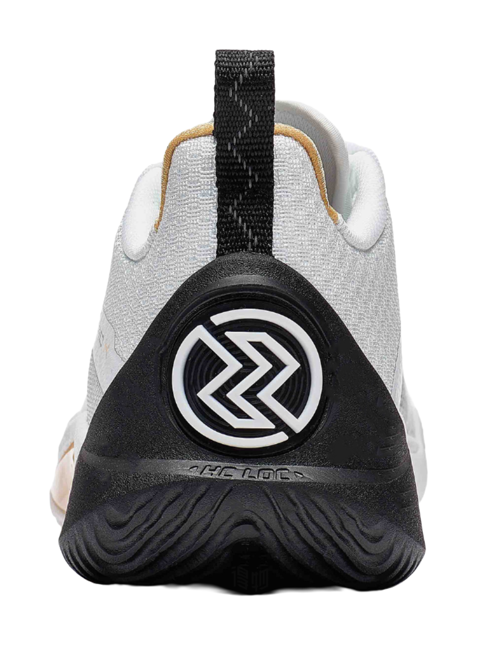 Black heel cup and white knit upper on a basketball shoe with gold-trimmed collar