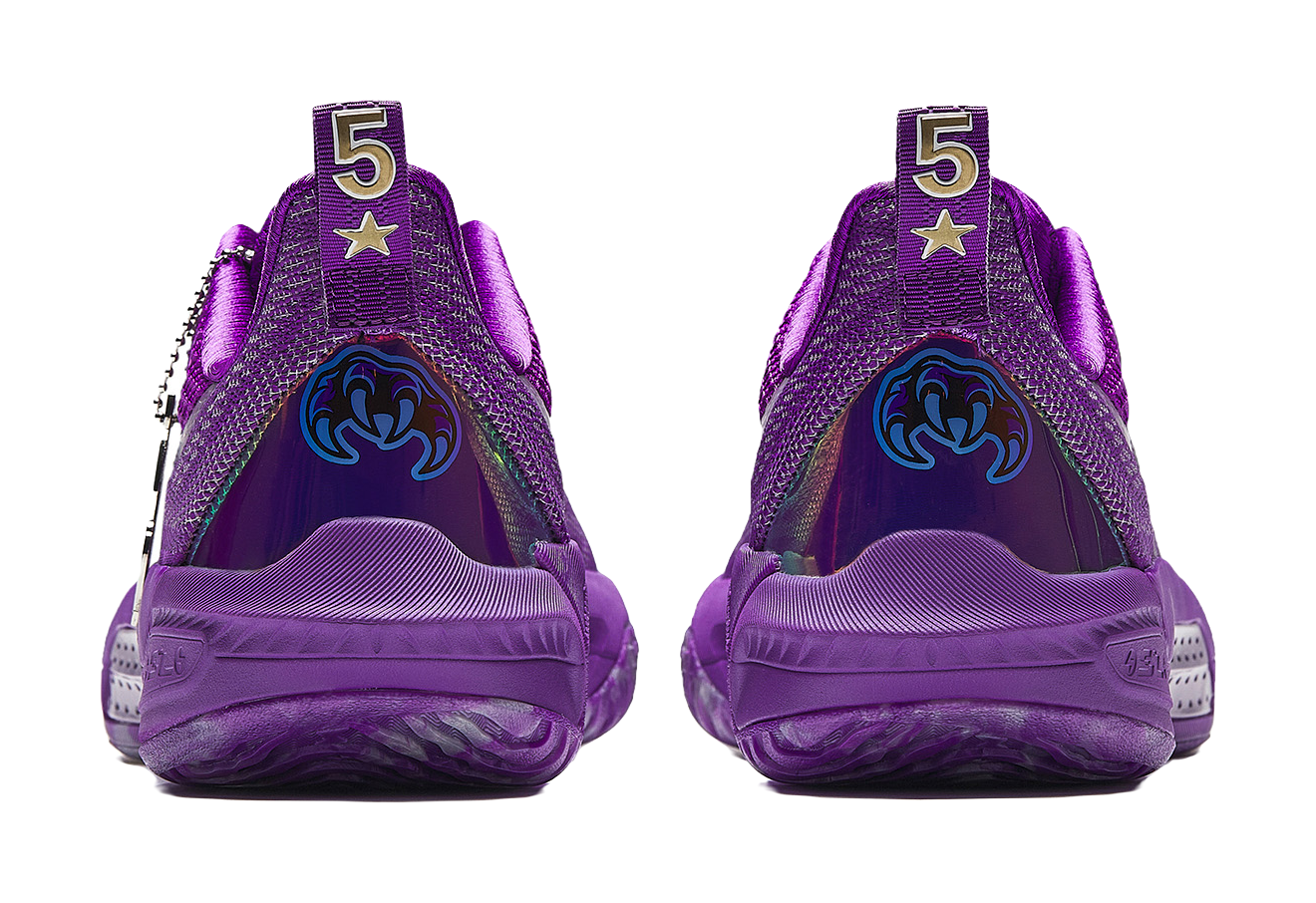 Unisex basketball shoes in fluorescent violet, rear view with heel pull tab and cushioning
