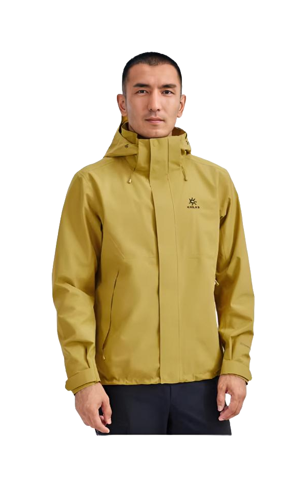 Men's KAILAS hooded windbreaker jacket, mustard yellow, full-zip worn on model