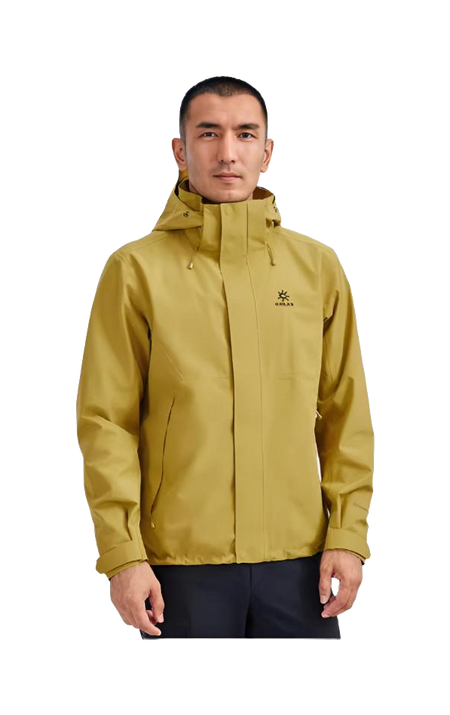 Men's KAILAS hooded windbreaker jacket, mustard yellow, full-zip worn on model