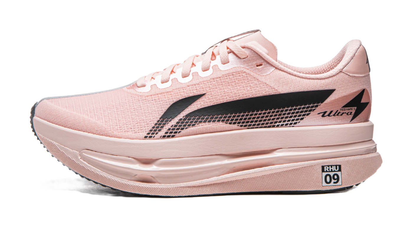 Li Ning women's low-top running shoes, light pink mesh with black logo