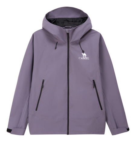 Purple unisex windbreaker jacket with hood, full zip, and two zippered front pockets
