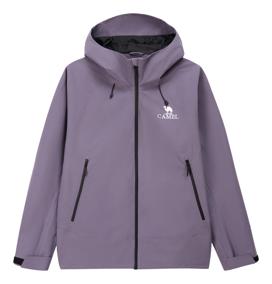 Purple unisex windbreaker jacket with hood, full zip, and two zippered front pockets