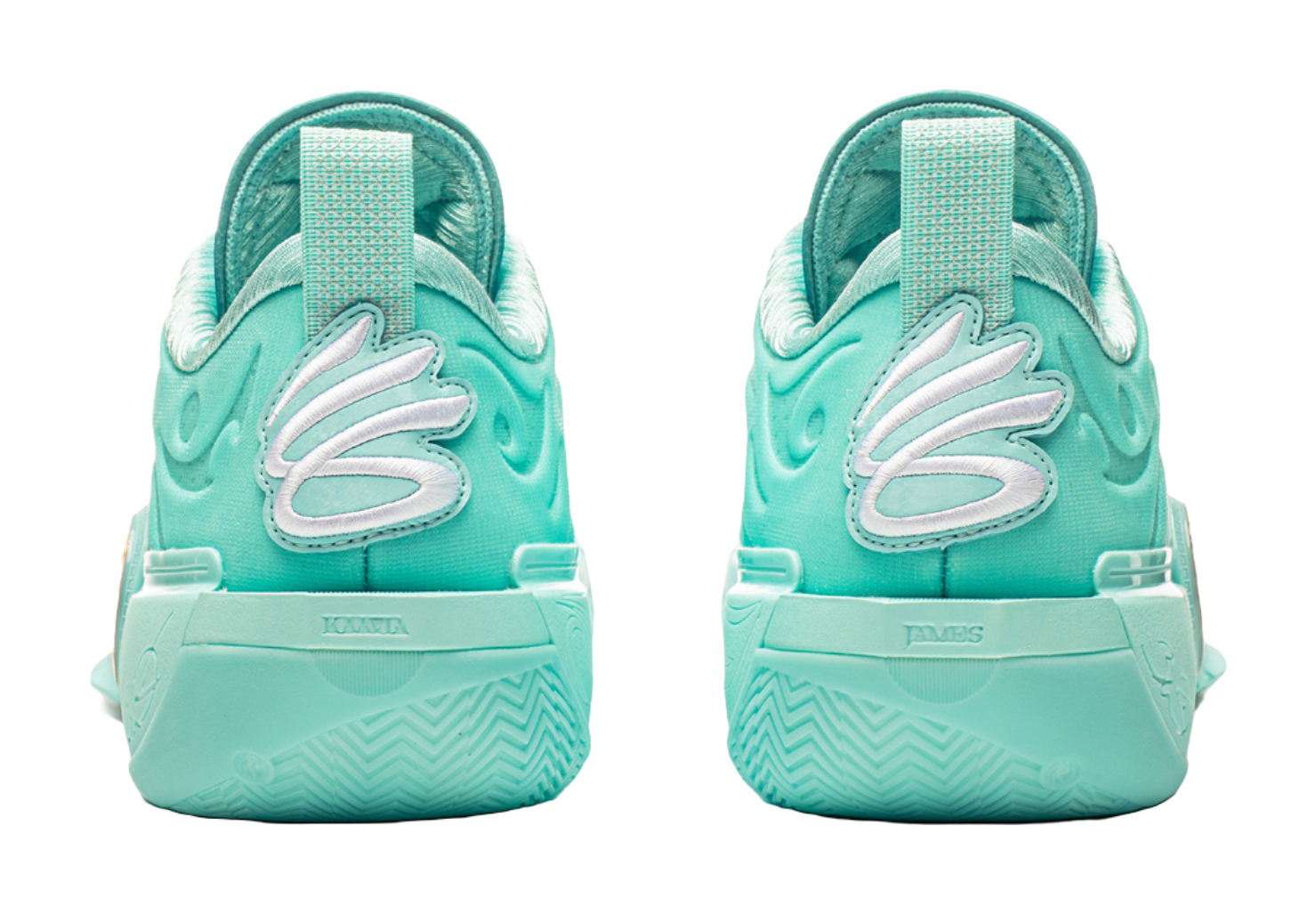 Light teal low-top basketball shoes, heel view with embossed logo and cushioned collar