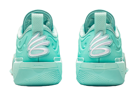 Light teal low-top basketball shoes, heel view with embossed logo and cushioned collar