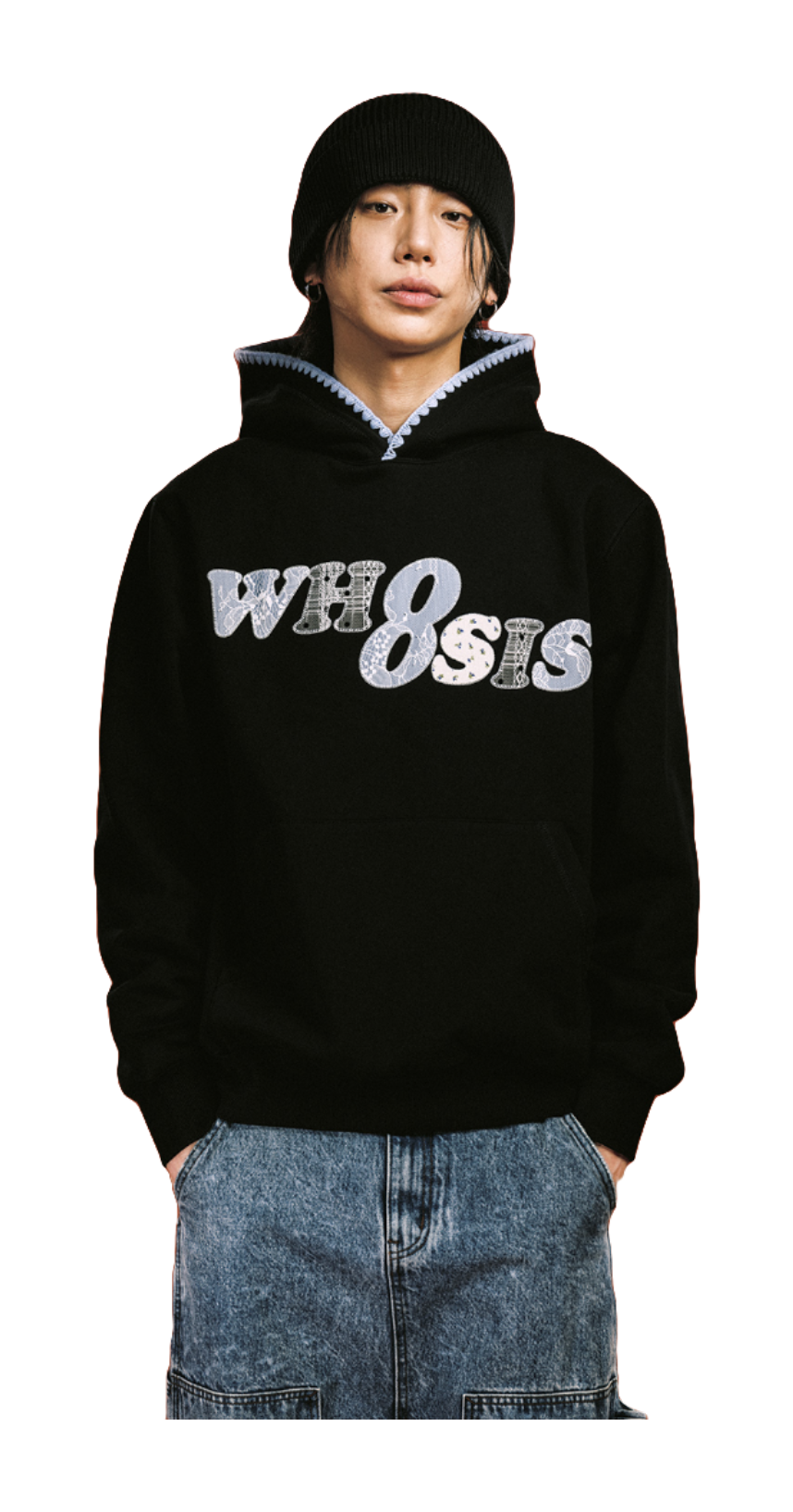 WHOOSIS floral denim patchwork embroidery casual loose and versatile campus autumn and winter comfortable hoodie with fleece hoodie for both men and women  vjsneaker.com