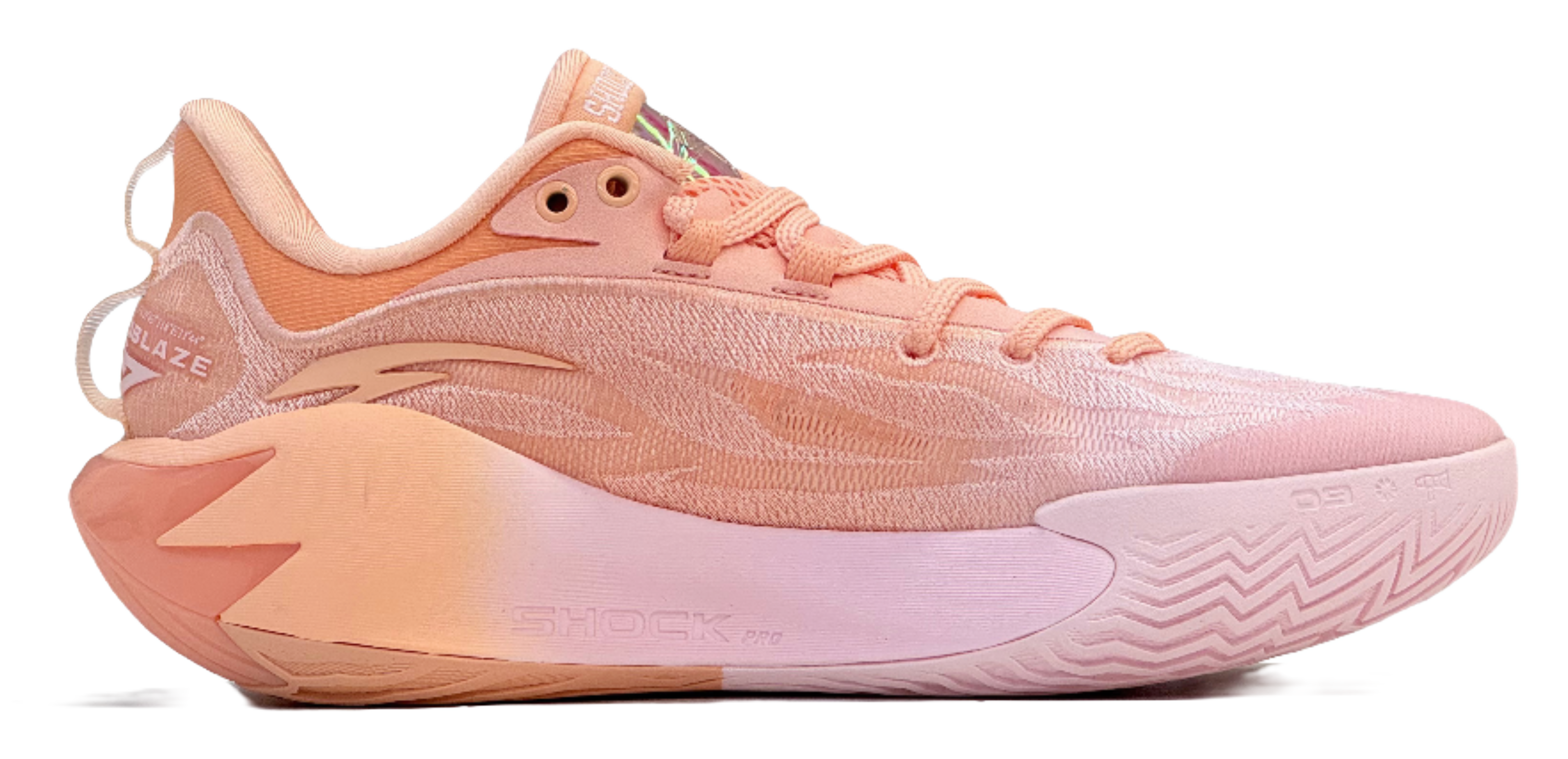 Pink and orange basketball shoe with SHOCK PRO midsole and zigzag traction
