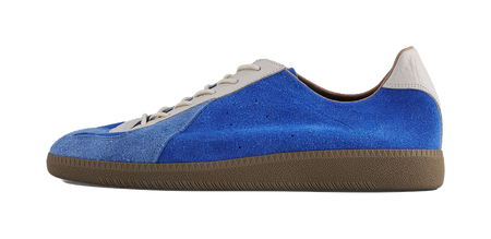 Blue low-top training shoe, side profile, white laces and brown rubber sole.